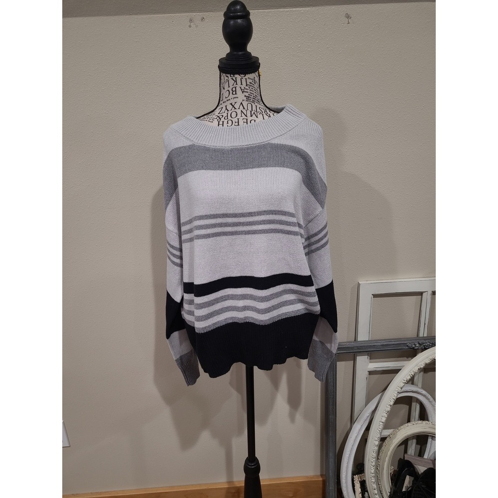 Lucky Brand Women SZ S Grey Black stripe oversized relaxed Sweater cotton blend